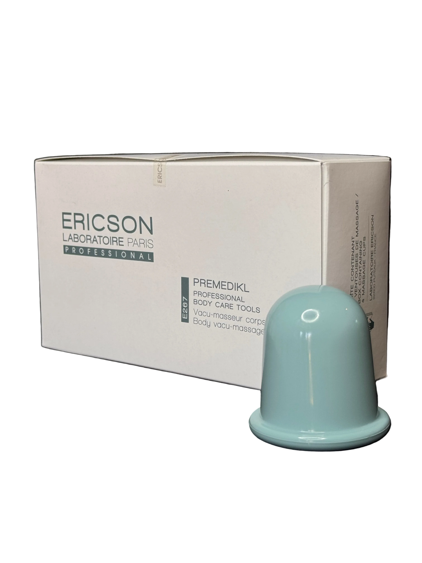A light blue translucent silicone cup from ERICSON Laboratory Tools, shown in front of its white product packaging box