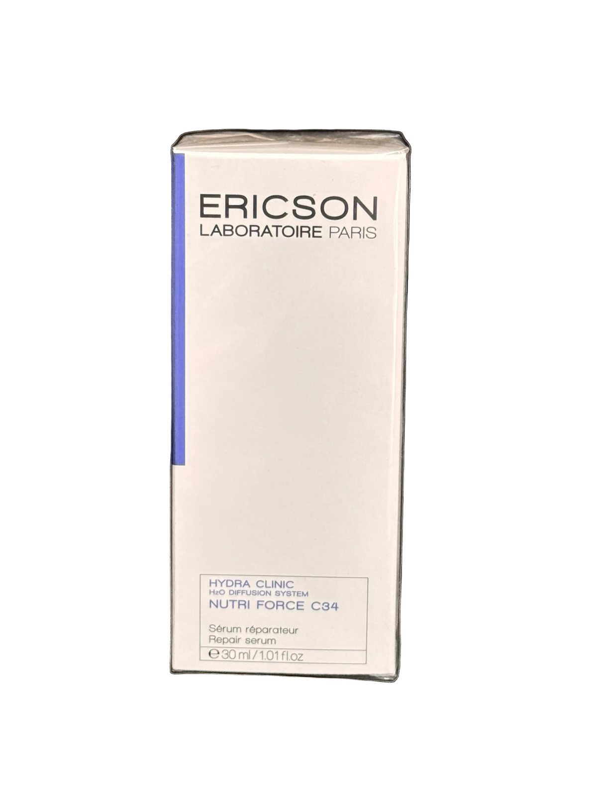 A box of Ericson Laboratoire Paris Hyalu-Crisp Serum 50ml, featuring a white box with black text and a blue accent stripe, placed on a black fabric background.
