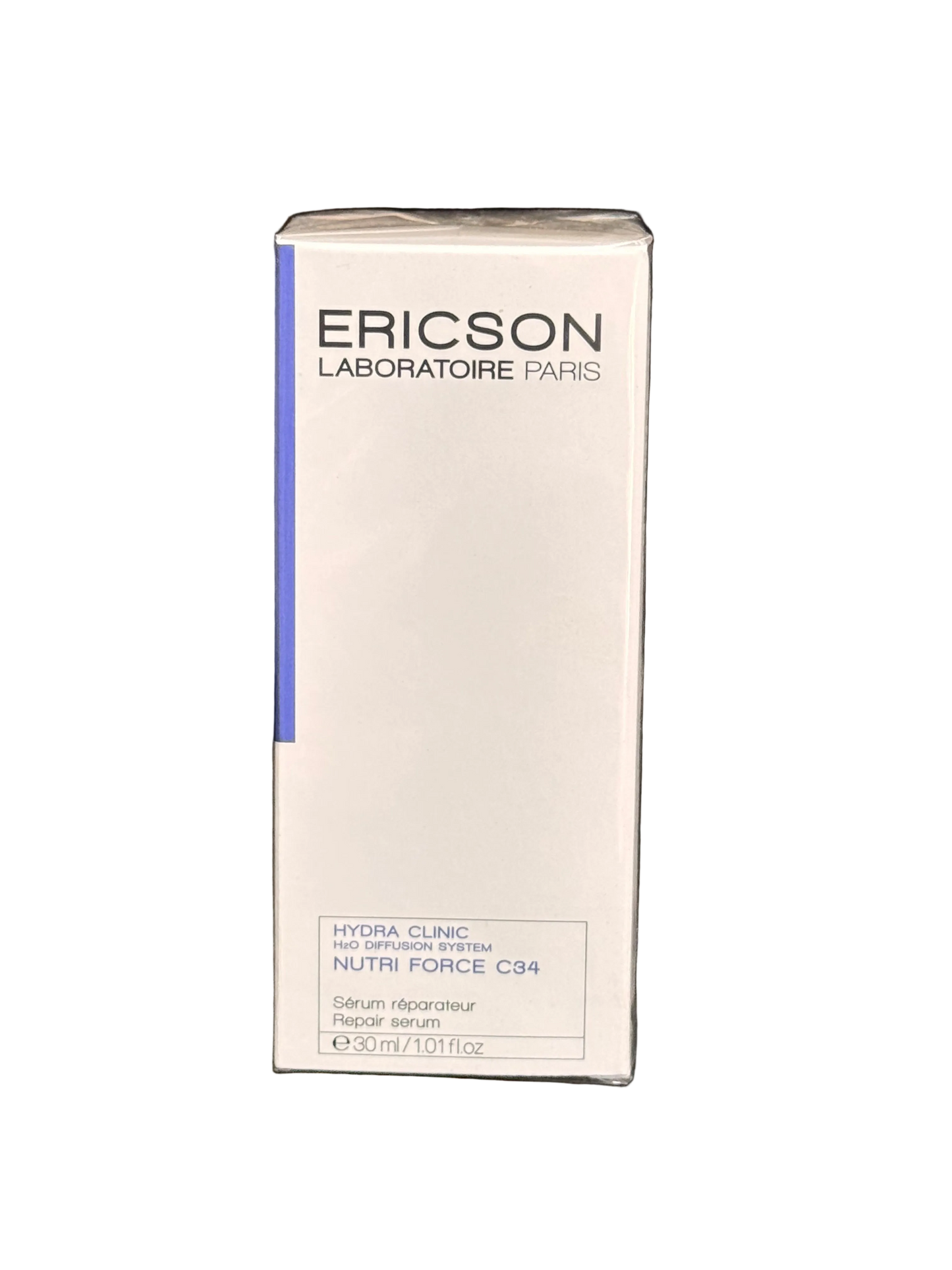 A box of Ericson Laboratoire Paris Hyalu-Crisp Serum 50ml, featuring a white box with black text and a blue accent stripe, placed on a black fabric background.
