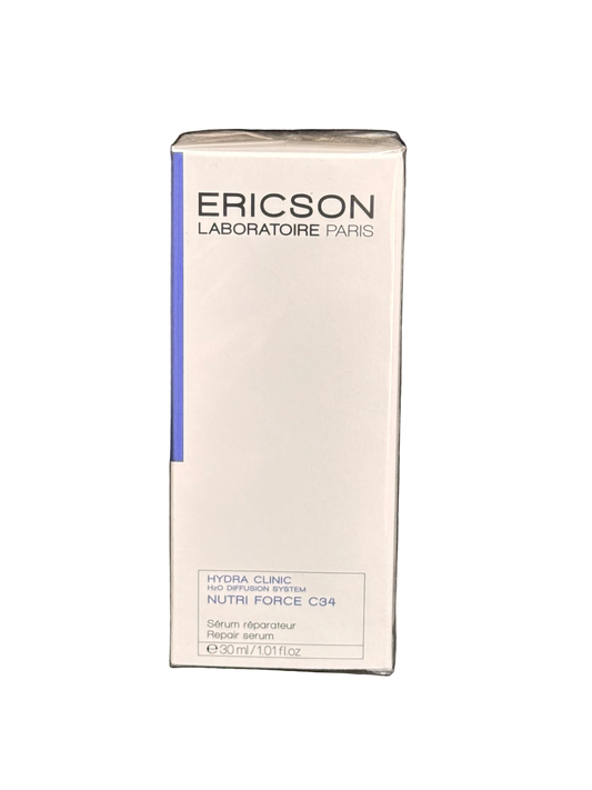 A box of Ericson Laboratoire Paris Hyalu-Crisp Serum 50ml, featuring a white box with black text and a blue accent stripe, placed on a black fabric background.