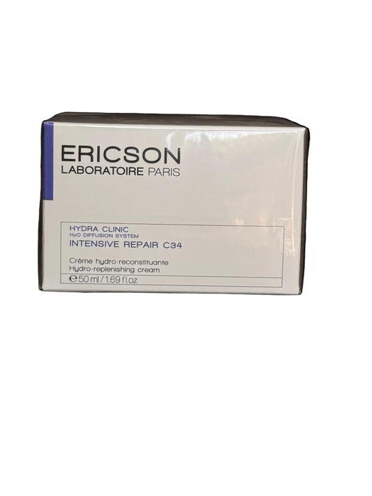 Ericson Laboratoire Paris Hydra Clinic Intensive Repair C34 cream packaging box, shown on a dark textured background.